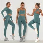 Женский комплект для йоги, бесшовный спортивный костюм, Топ с длинным рукавом, леггинсы с высокой талией + спортивный бюстгальтер