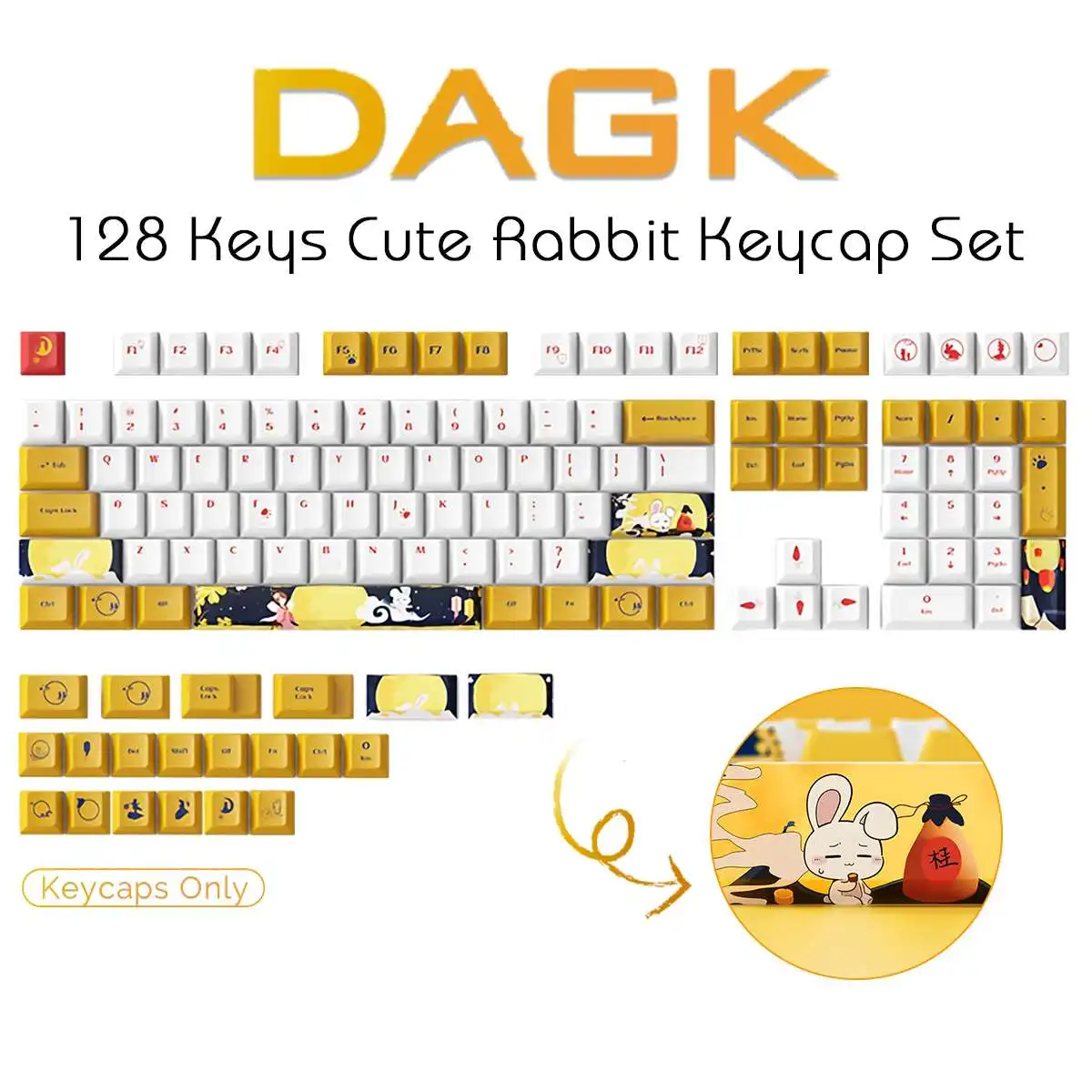 

Набор ключей с милым Кроликом, 128 клавиш, вишневый профиль PBT, двухсторонние сублимационные колпачки для механических клавиатур Cherry Mx Switch