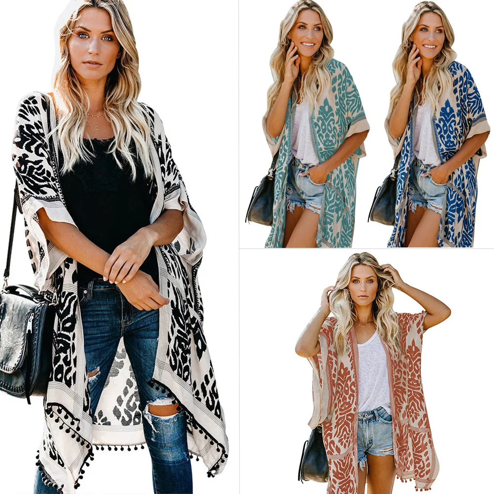 

2021 New Women Prowess Pom Pom Kimono Summer Beach Sunscreen Cardigan Tassels Medium-length Loose Open Front Overcoat 4 Style