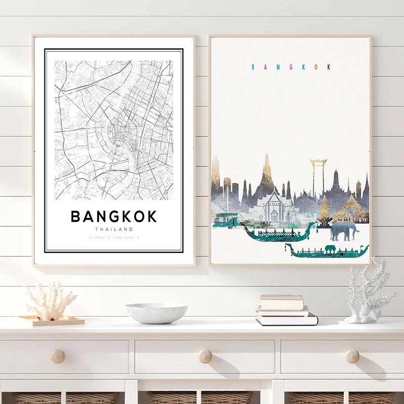 

Карта Таиланда, плакат с изображением города Бангкока, путешествия, современные настенные художественные принты, украшение для дома, Карти...