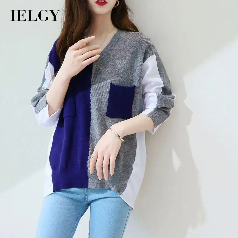 

IELGY plus size women's autumn clothes new fat sister fashion loose contrast color knitted stitching shirt top