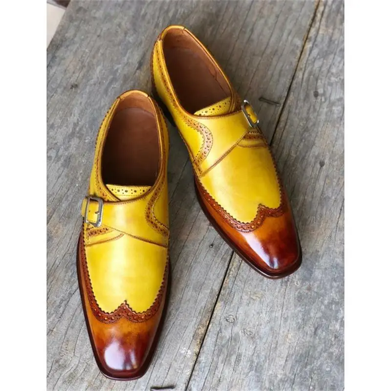

2021 Handmade Men's High Quality PU Brown Yellow Pointed Toe Low Heel Comfortable and Fashionable Single Buckle Monk Shoes KA192