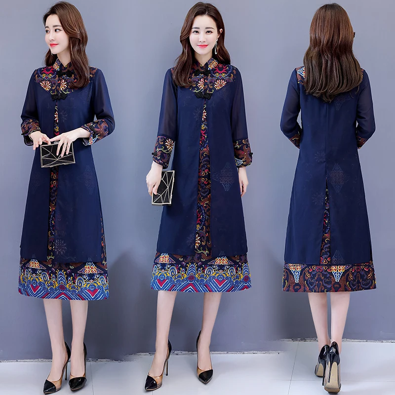 

Ethnic style printed dress mid-length women's 2020 Spring and Autumn New cheongsam cotton and linen two-piece set