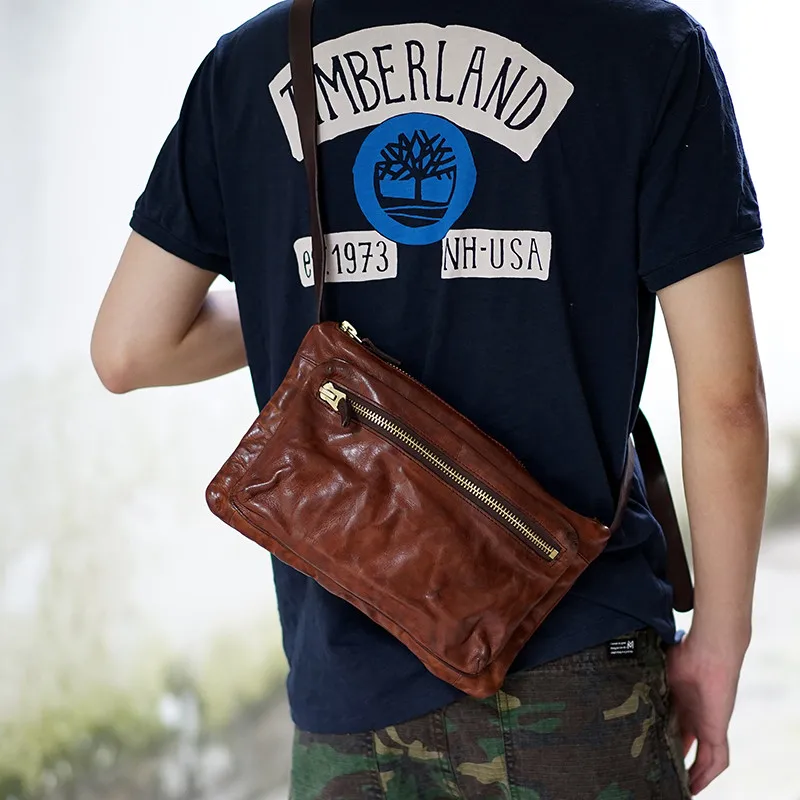 Fashion simple genuine leather small satchel vintage natural cowhide men's trend shoulder bag casual art daily messenger bag