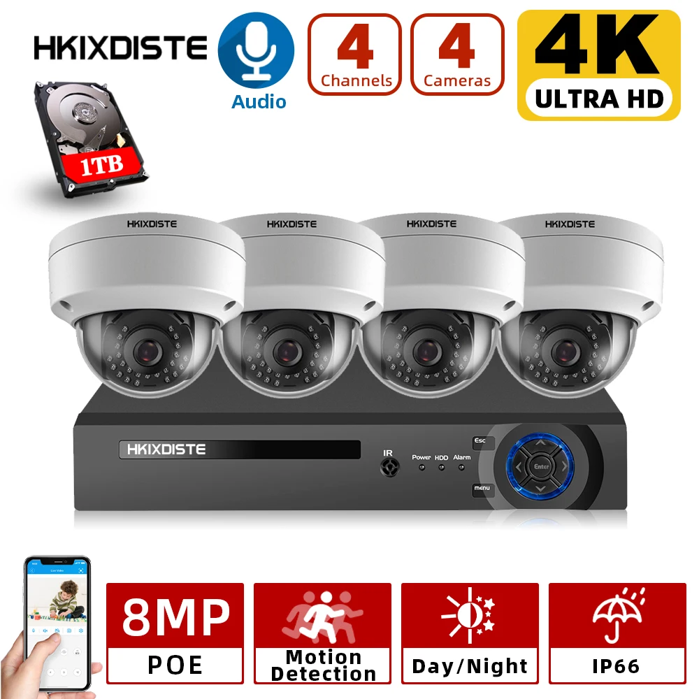 

4K 8MP Ultra HD Security Camera System 4ch PoE NVR & Dome 4 PoE IP Waterproof Motion Detection Cameras Surveillance NVR Kit