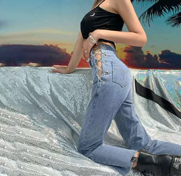 

Women Denim Jeans Pant Trousers New Fashion Female High Waist Side Hollow Out Chain Straight Jeans Pant Ladies Vintage Jeans