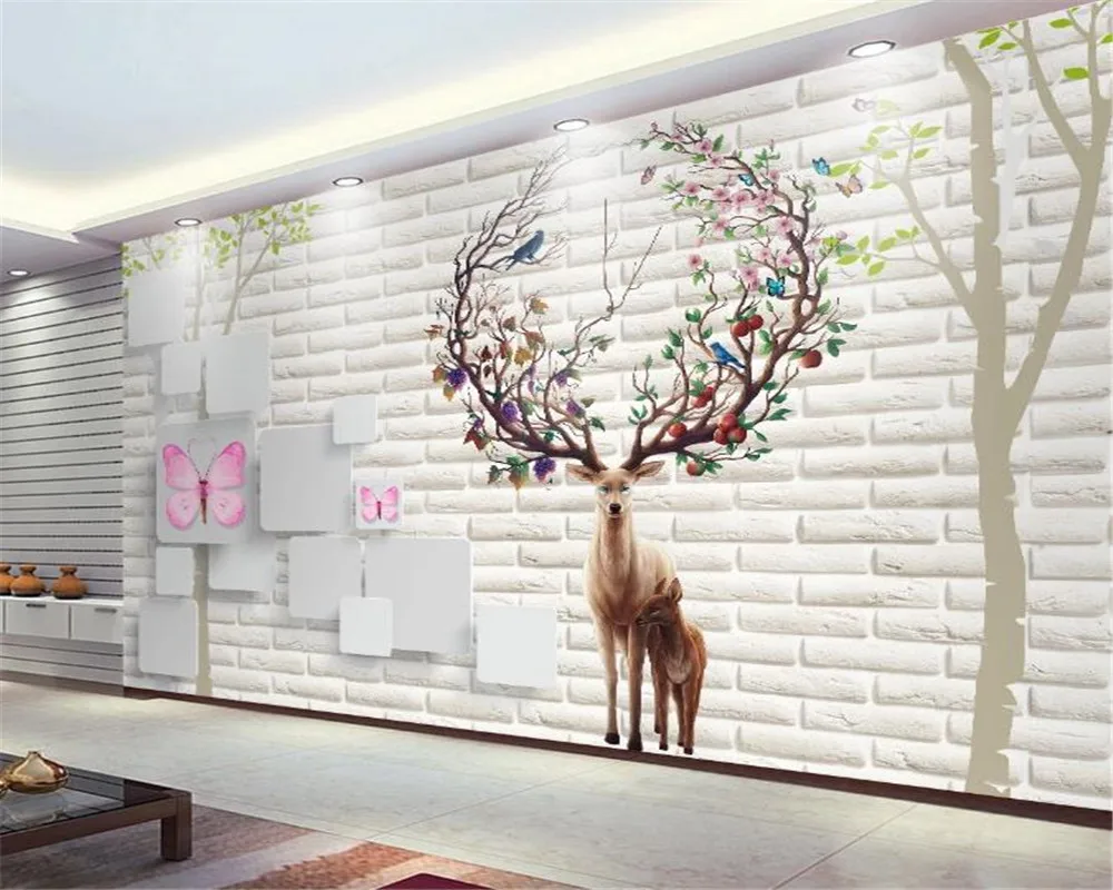 

3d Home Wallpaper Modern minimalist 3D stereo brick wall elk TV background wall HD Digital Printing Moisture Wall paper