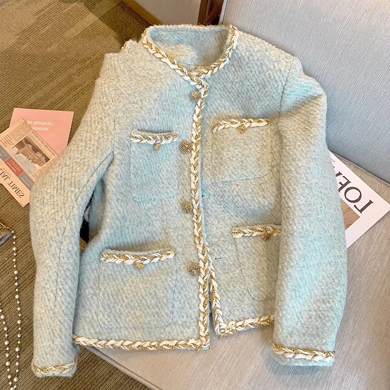 

Little Fragrance Jacket Female 2021 Autumn New Mint Green Fashion Ladies Tweed B-style Long-sleeved Top Office Lady Jackets
