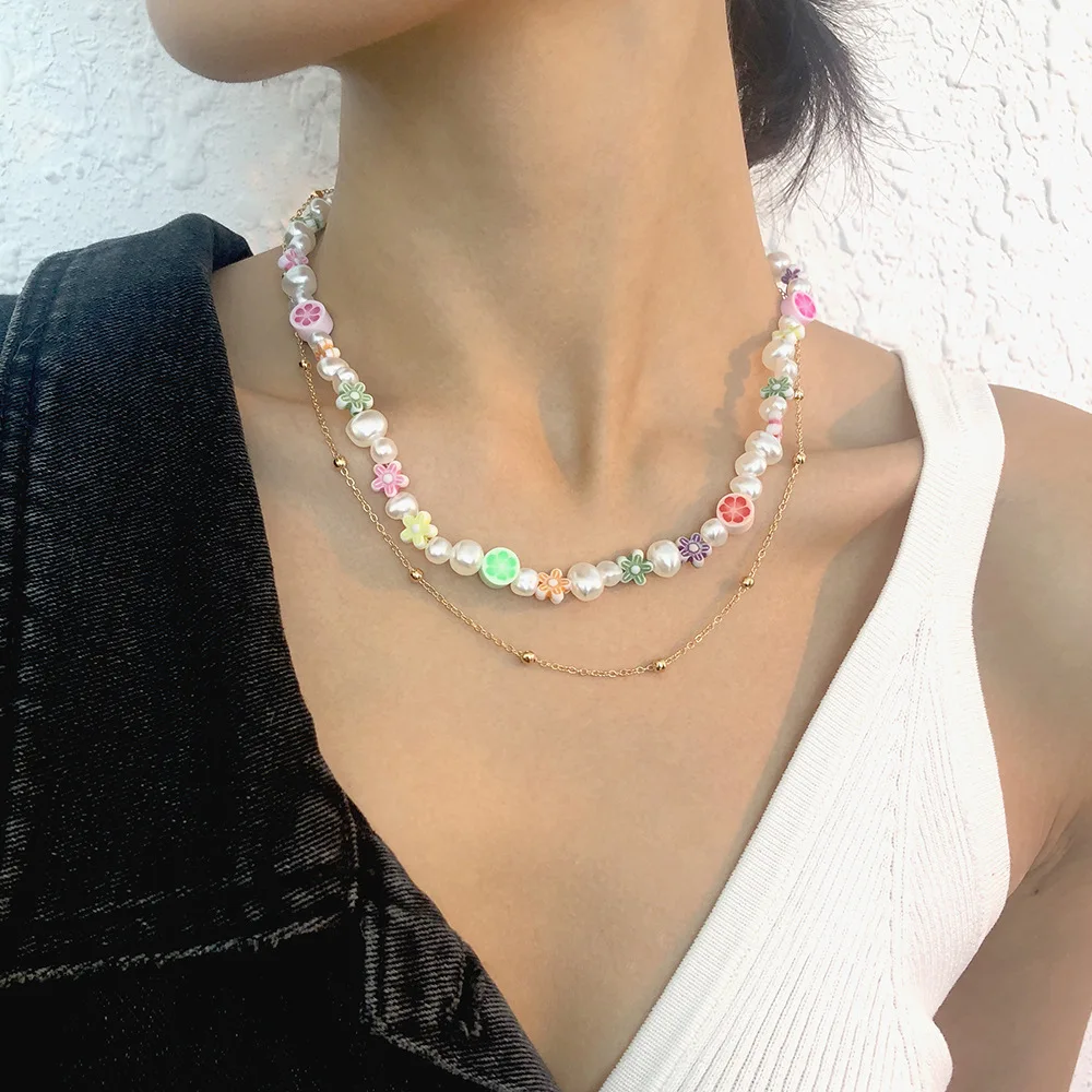 

Stylish Elegant Necklace Alloy Resin Flower Necklace Imitation Pearl Collarbone Necklace Set Female Adjustable Chain Necklace
