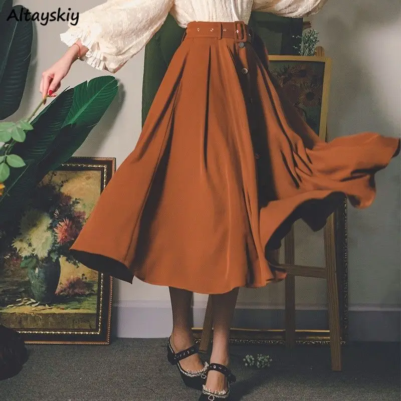 

Юбка-трапеция до середины икры, однотонная элегантная винтажная романтичная драпированная юбка в британском стиле, с завышенной талией, на ...