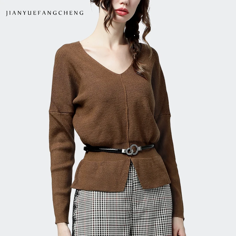 Свитер Женский вязаный с V-образным вырезом и длинным рукавом осень 2019 | Женская