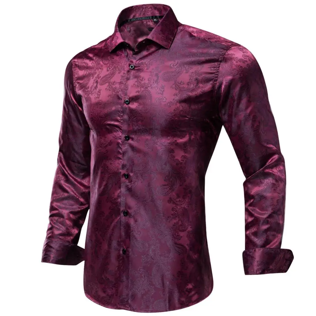 Brand Blue Black Gold Red Green Purple Navy Silk Mens Long Sleeve Shirts Jacquard Woven Breathable Male Outwear Slim Fit Shirt