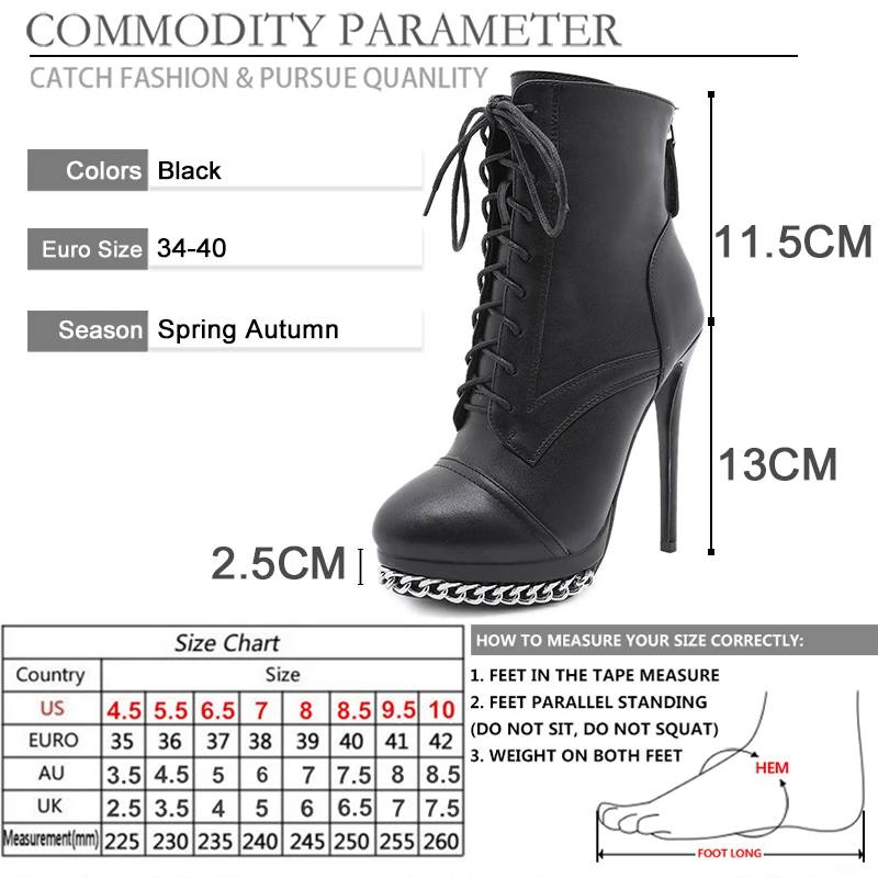 

BYQDY Fashion Autumn Winter Boots Metal Chain Round Toe Side Zipper Ankle Boots Lacing Super High Heels Platform Fetish Shoes