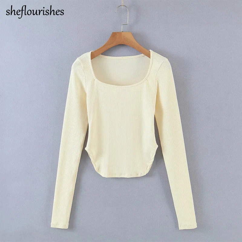 

Повседневная Женская футболка 2021, Топ с длинным рукавом, Приталенная футболка в рубчик, весенние вязаные женские футболки, модные черные Ас...