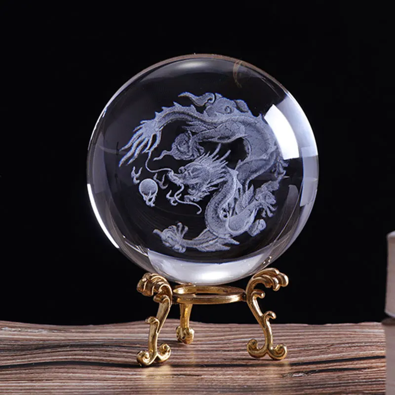 6 cm/ 8cm 3D Crystal Ball with Dragon Miniature Figurine Sphere Laser Engraved Craft Globe LED Base Home Decor | Дом и сад