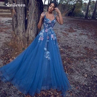smileven colorful puff tulle blue formal evening dress with 3d flower prom gown vestido de festa longo lace party evening gowns