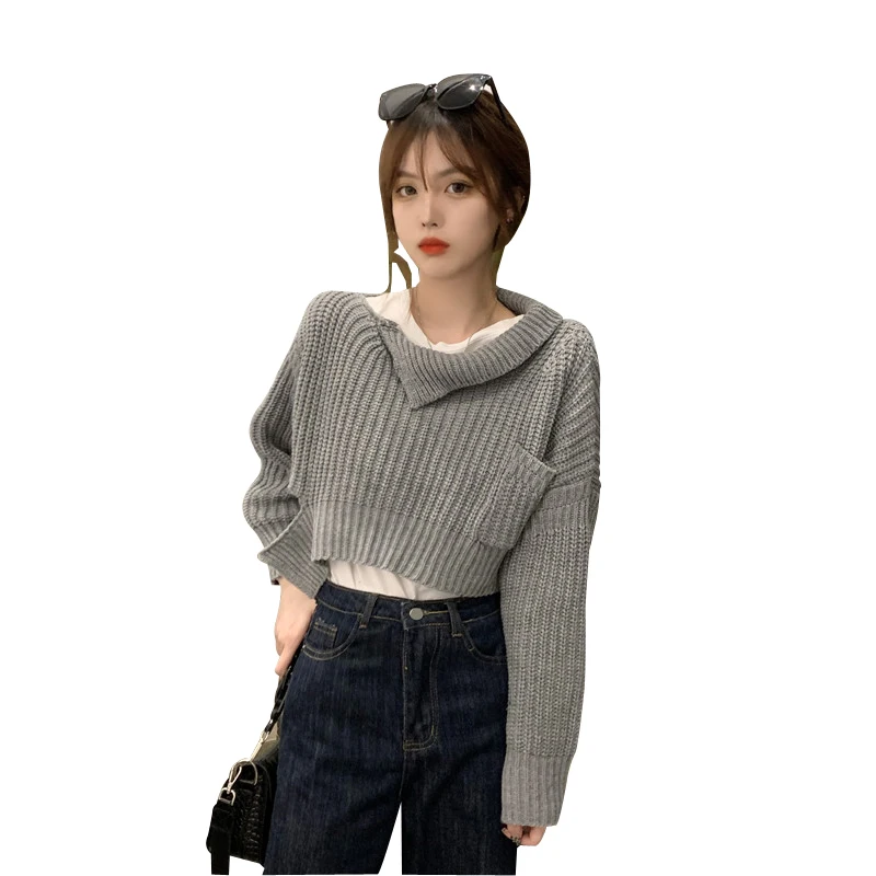 

Irregular Lapel Pullover Sweater Stylish Simple Solid Color Short Sweaters 2021 Spring Clothes Women