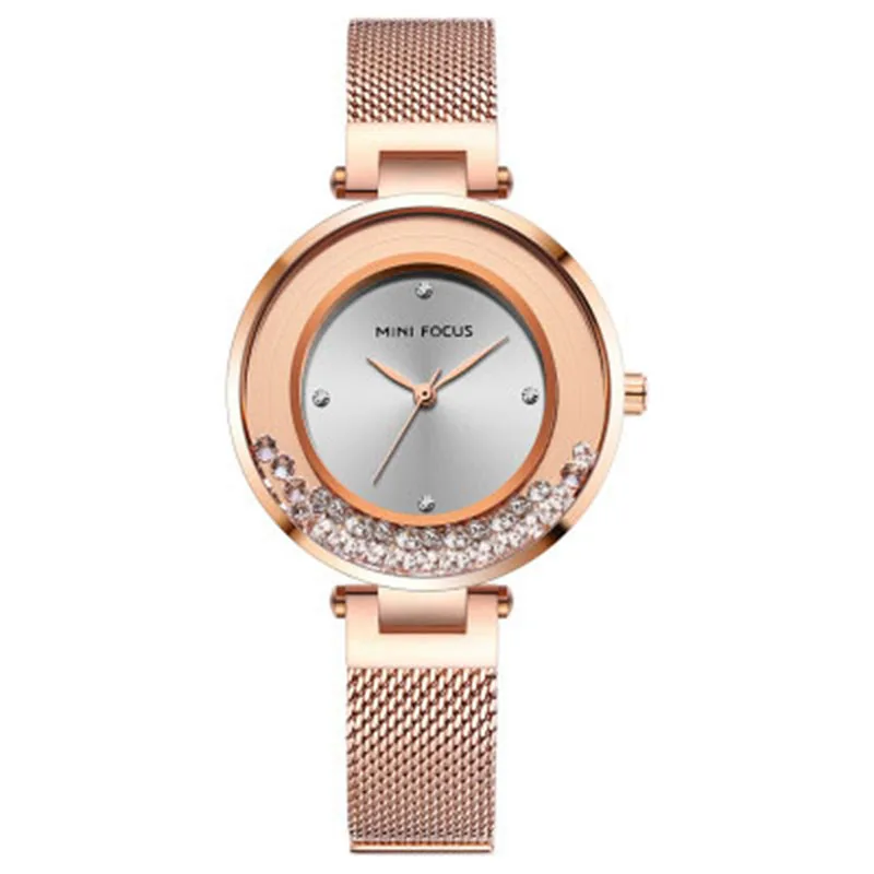 

Часы наручные женские с магнитной застежкой, роскошные модные элегантные с браслетом из розового золота, с сетчатым браслетом и кристаллам...