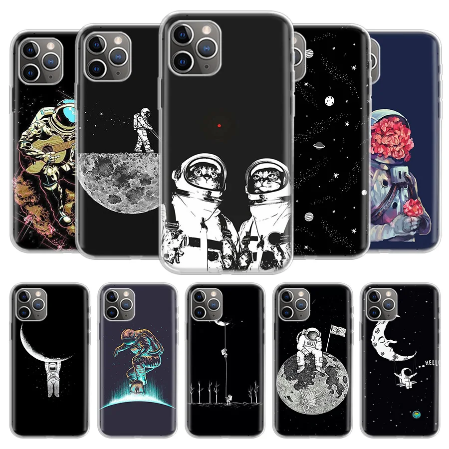 

Space Moon Astronaut Cover Phone Case For iPhone 13 12 11 Pro 7 6 X 8 6S Plus XS MAX + XR Mini SE 5S Coque Shell Capa Fundas