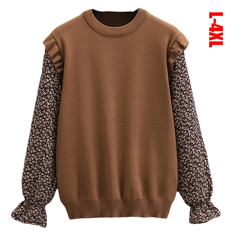 

Новинка 2022, яркий искусственный свитер в стиле пэчворк из двух предметов, Женский Повседневный пуловер с длинным рукавом, трикотажная одежд...