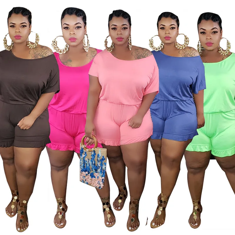 

Big Size Women Jumpsuits 1XL--5XL Summer Short Sleeves Loose Solid Short Playsuits with Ruffles Bottom Comfortable Casual Outfit