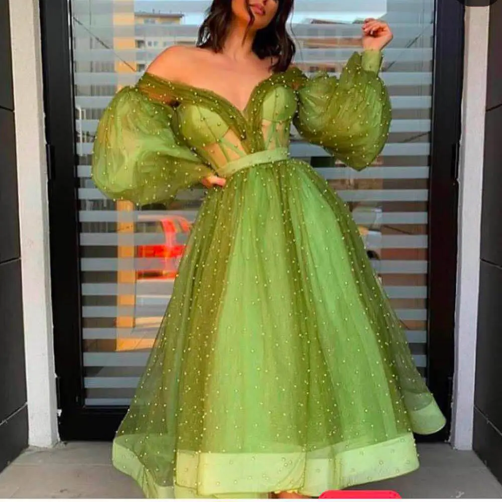 

SuperKimJo Vestido De Fiesta Green Prom Dresses Flare Sleeve Beaded Luxury Off the Shoulder Prom Gown Robe De Soiree