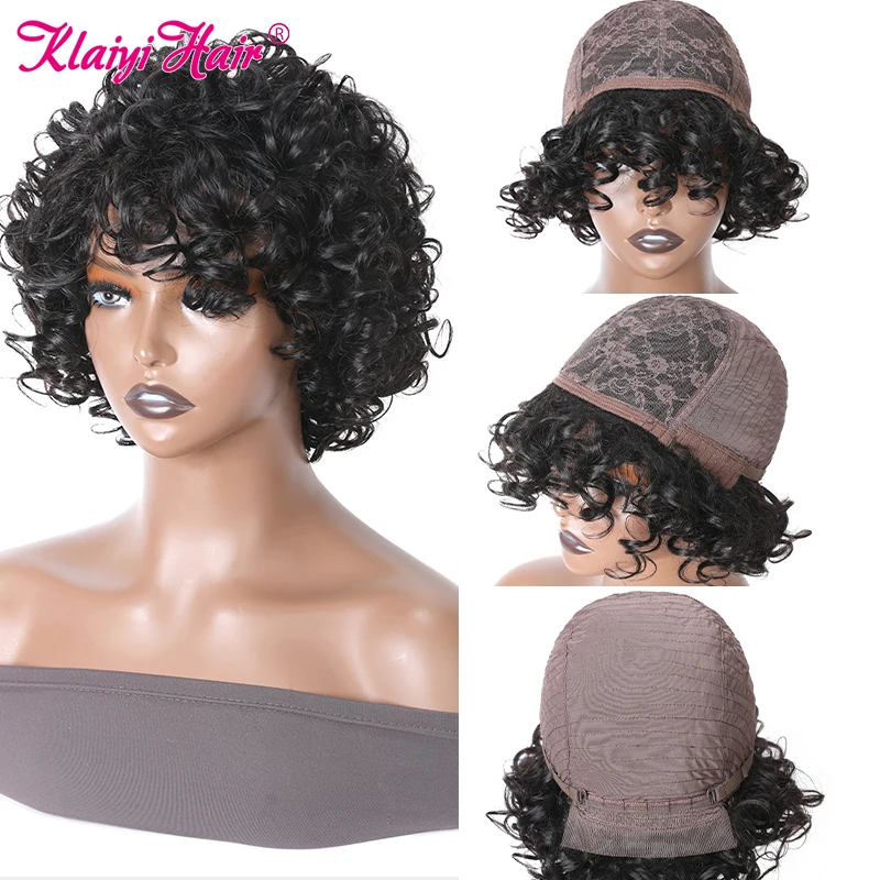 Klaiyi Hair Curly Pixie With Bangs Short Human Hair Wigs For Women Loose Curly Full-mechanism Wig 10 Inch Bouncy Curly Hair enlarge