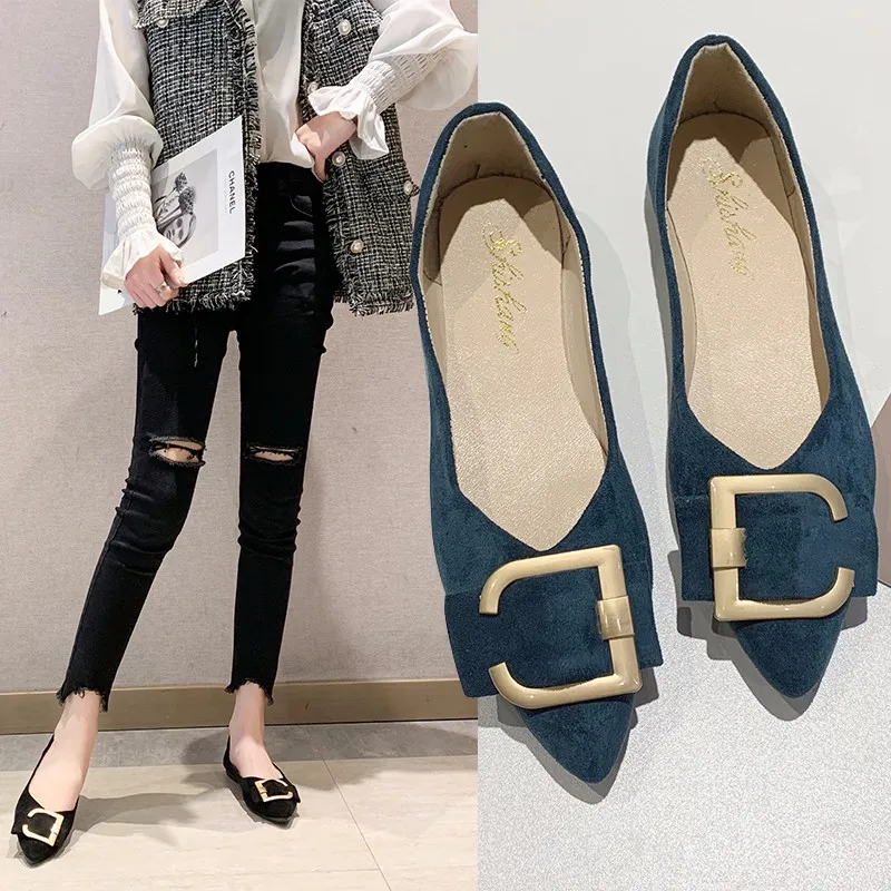 

2020 Spring Women Flats Black Pointed Toe Ballet Flats Metal Boat Shoes Woman Flock Casual Shoes Female Loafers Blue Khaki 7952C