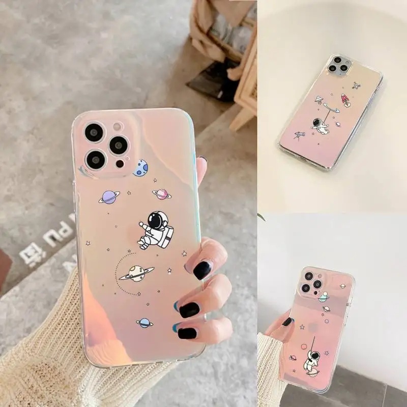 

Cute Cartoon Astronaut Phone Case for iPhone xiaomi redmi 7 8 9 11 12 10 S X XS XR MINI Pro Max Plus laser Transparent