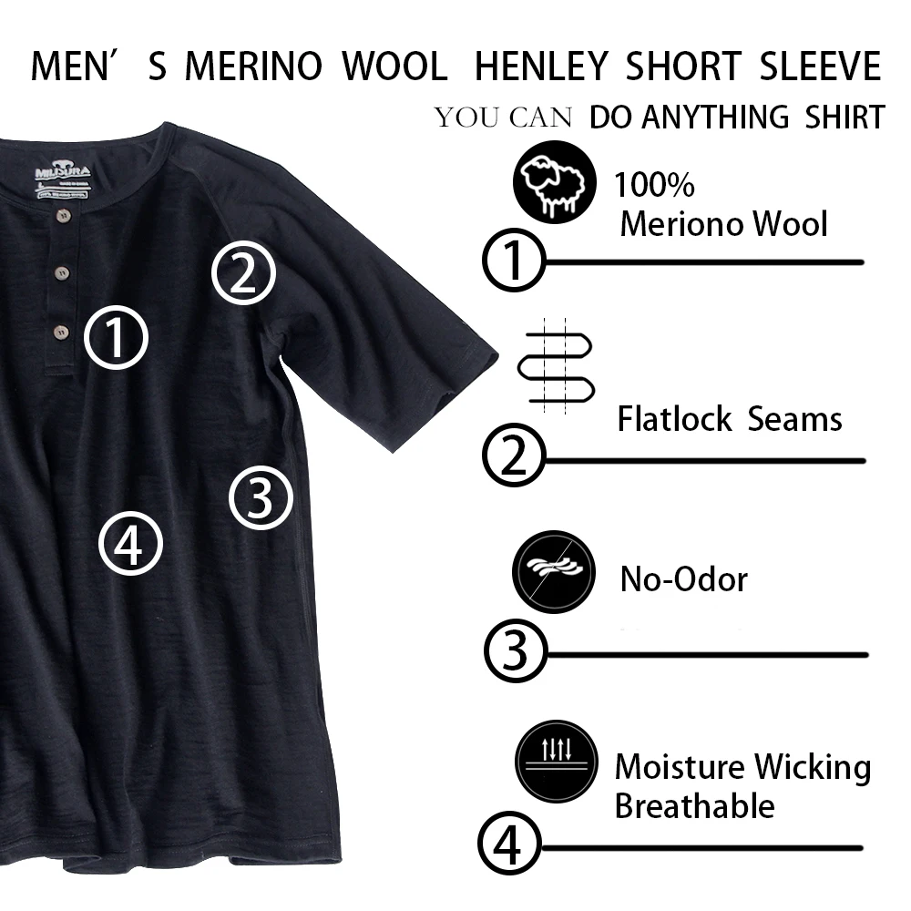 Мужская футболка Хенли из мериносовой шерсти Спортивная 100% для бега походов и