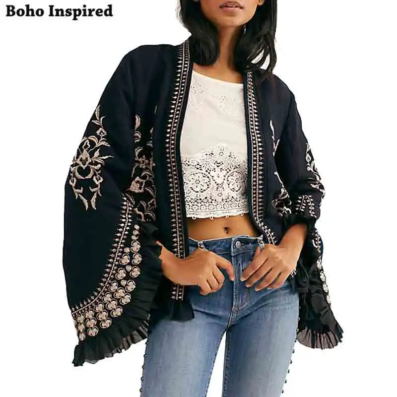 Богемный Вдохновленный женский Черный Узорчатый пиджак гофрированный leeves