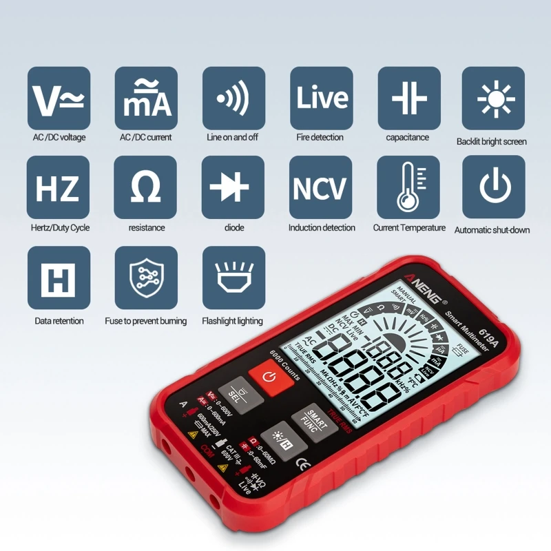 

619A Smart Digital Multimeter AC/DC Currents Voltage Testers True RMS 6000 Counts Professional Analog Bar Multimetro NCV Meter
