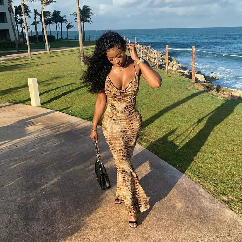 

Elegant Backless Snake Print Maxi Dress Sexy Party Club Outfits 2020 Winter Fall Fashion Bodycon Streetwear Leisure Vacation