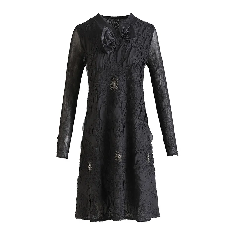 

High-end French Black Embroidery Dress Autumn Winter 2020 New Women's Plus Size Pleated Dress