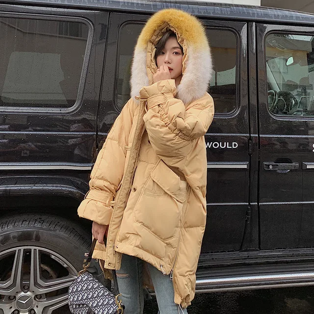 

Женский пуховик с капюшоном, пушистая теплая куртка на утином пуху, с воротником из натурального Лисьего меха, популярный цвет, F117, для зимы