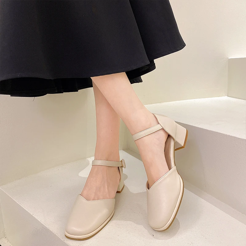 

Buckle Strap High Heel Sandal for Women All-Match Med 2021 Summer Suit Female Beige Shallow Mouth Womens Shoes High-heeled Fash