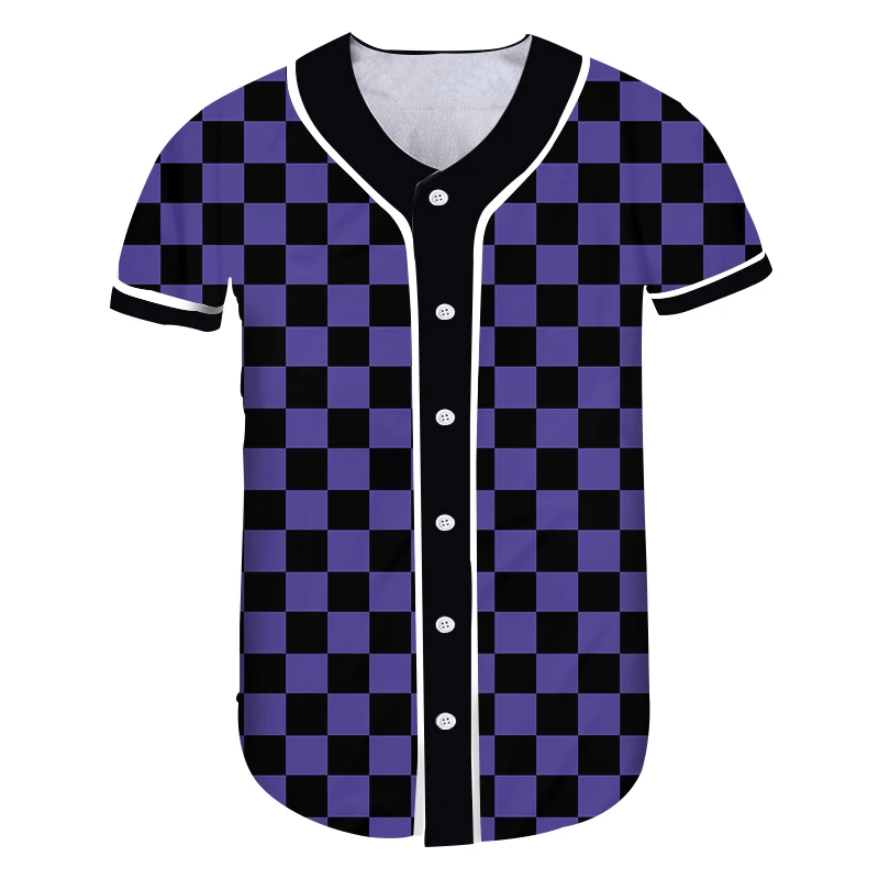 

CJLM Purple Checkerboard Men's Baseball Uniform Fashion Summer New Button Coat Black Plaid Short Sleeve Top Large Size Dropship