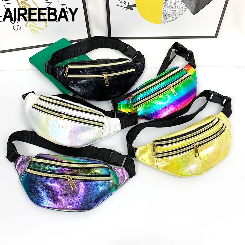 Поясная Сумка AIREEBAY для женщин с 3 карманами на молнии яркий голографический