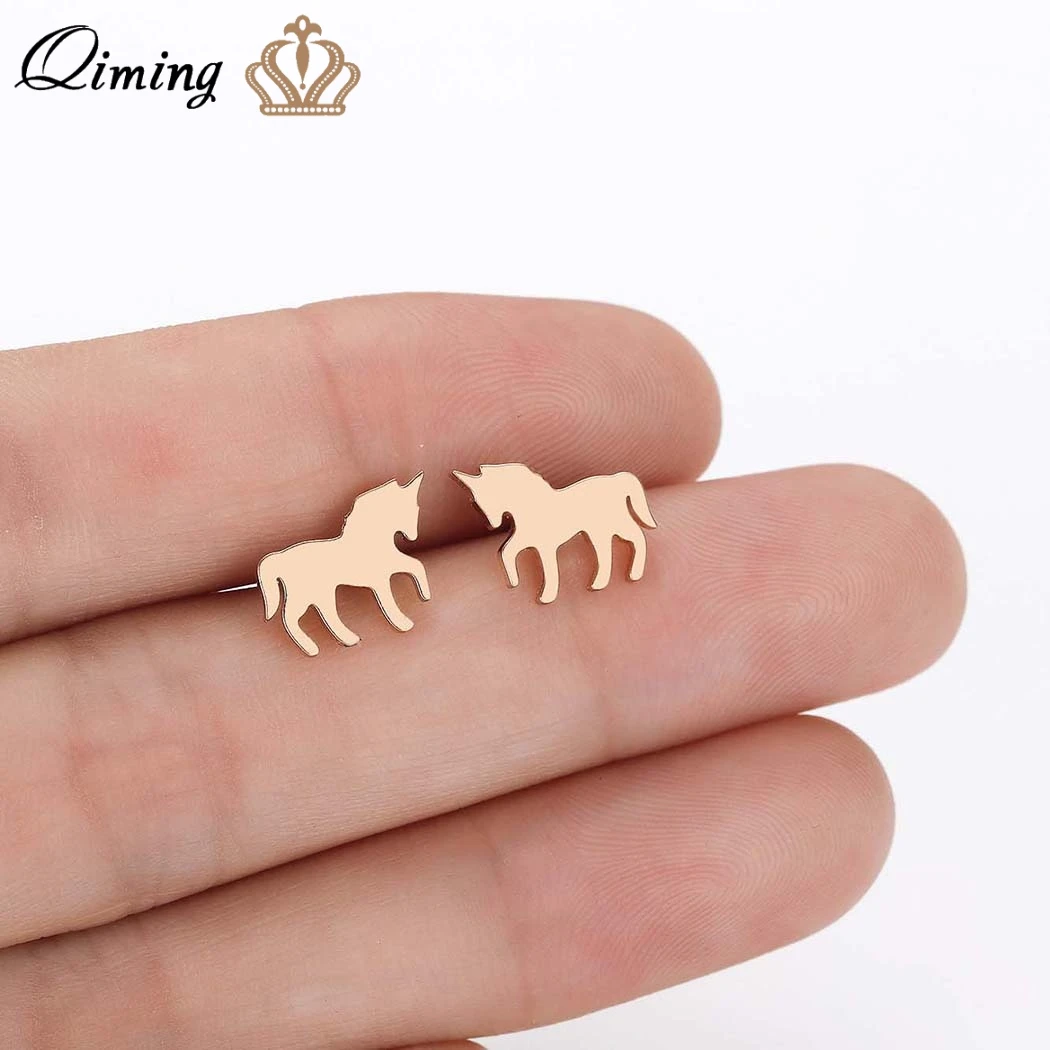 QIMING милый Единорог серьги для женщин и детей новые ювелирные изделия в виде