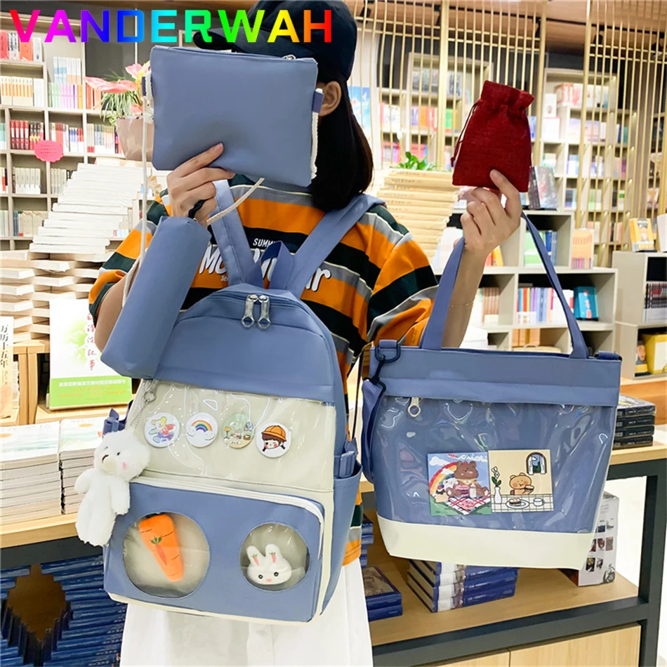 

5 Pcs/Sets Canvas Children School Backpack Kawaii Women's Bagpack Bookbag Kids Shoulder Messenger Bolsa for Teens Girls Mochilas