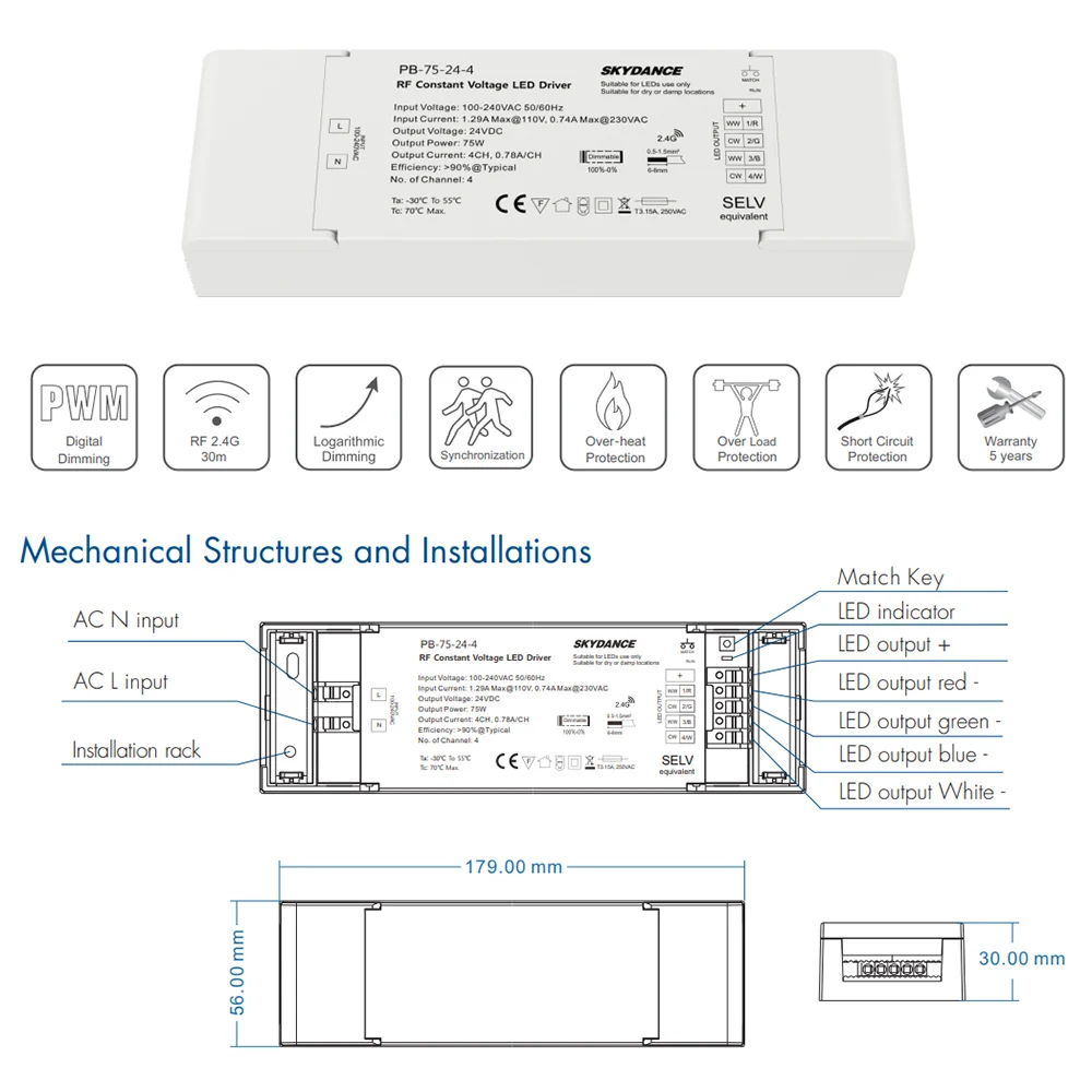 Драйвер светодиодный светодиодной ленсветильник 12 В 24 4 канала 75 Вт RF 2