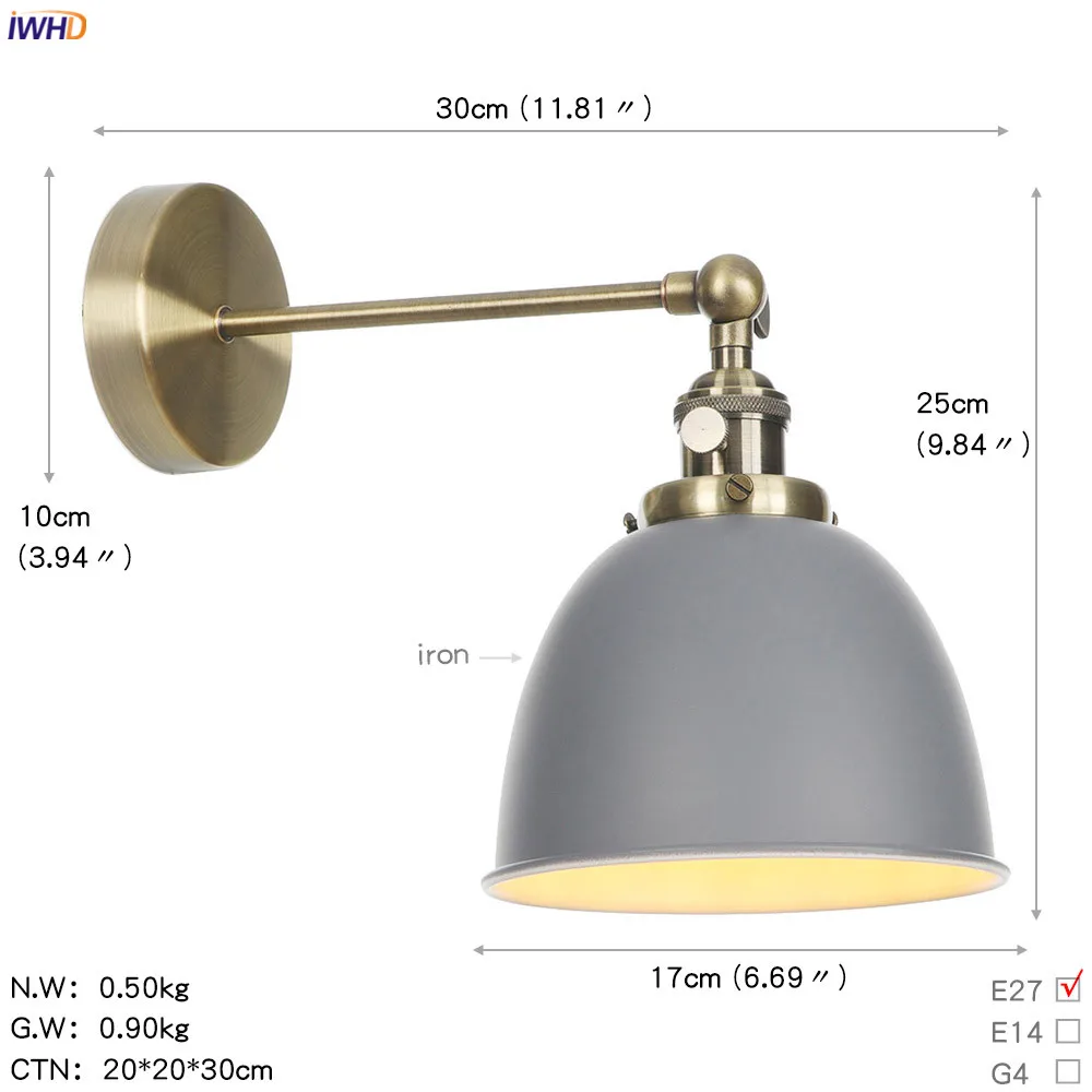 IWHD серый металлический Ретро светодиодный настенный светильник для спальни