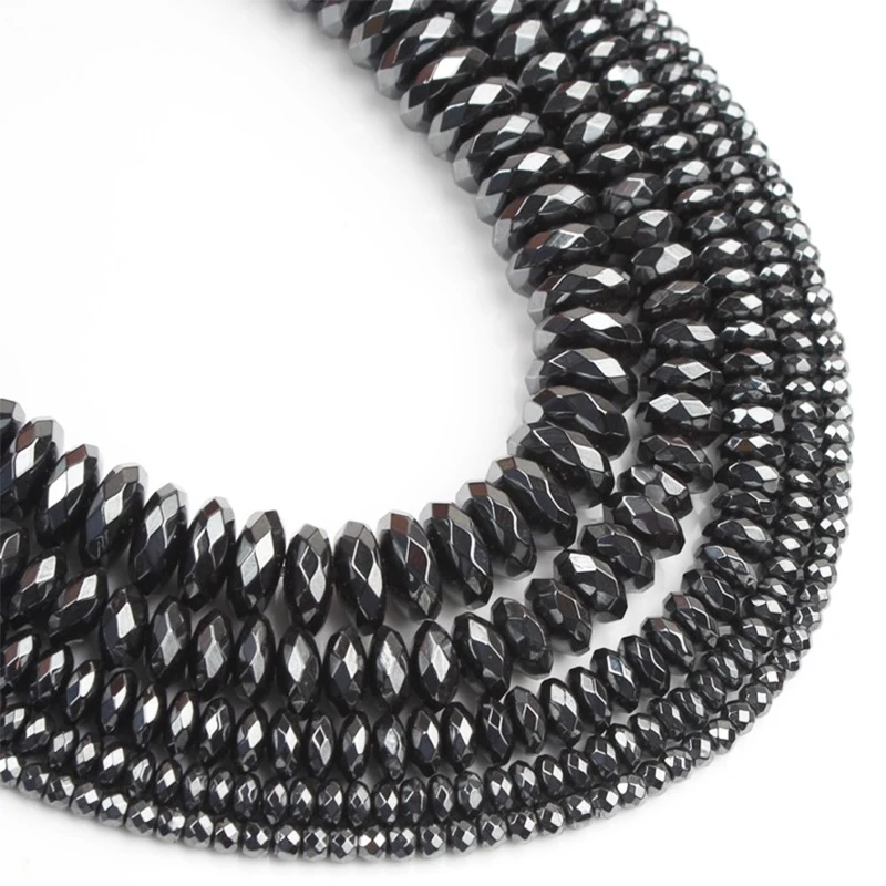 

Natural Faceted Rondelle Black Hematite Stone Beads Round Loose Spacer Bead For Jewelry Making Diy Bracelet Earring Accessories