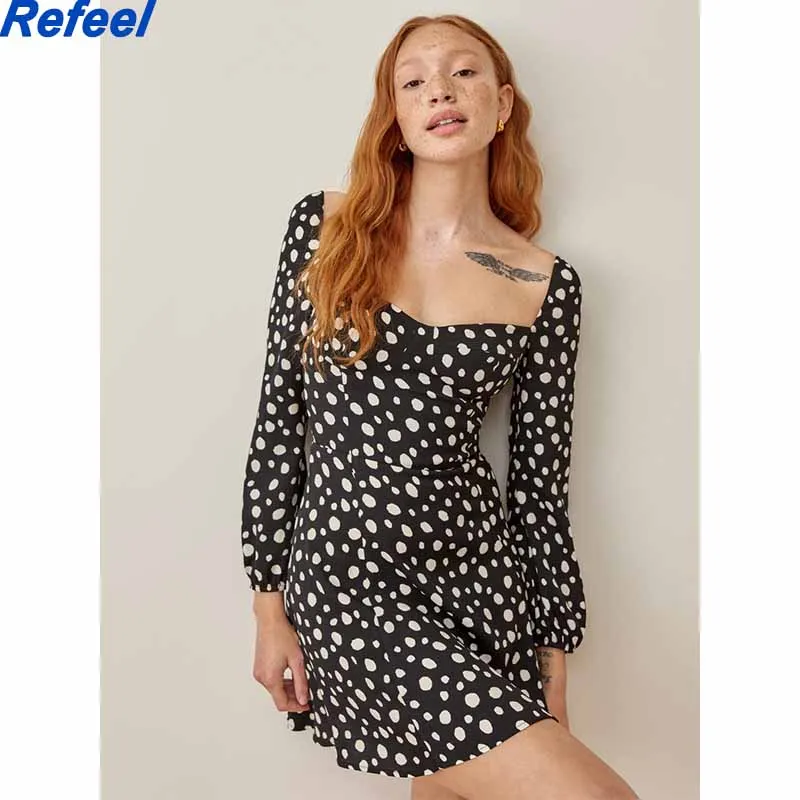 

Black Dress Women Vintage Floral Ruffled Zipper Long-sleeved A-line Dress Sexy Elegant Female Clothing Summer Light Dresses