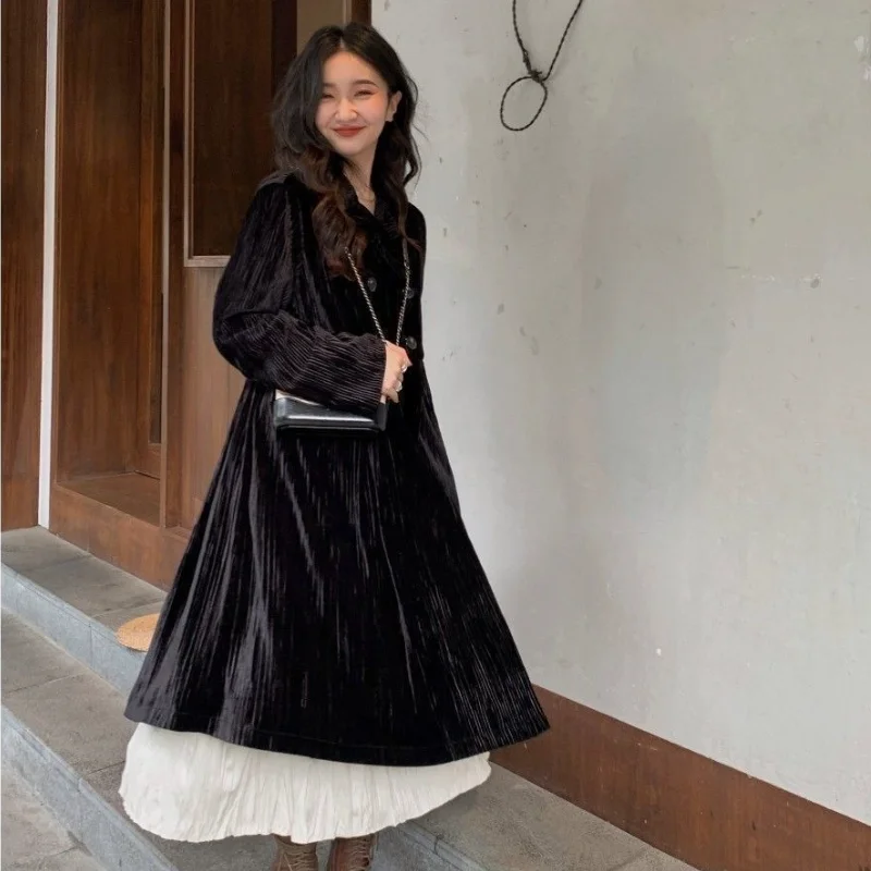 Женский тренчкот с бархатной подкладкой черный длинный в Корейском стиле