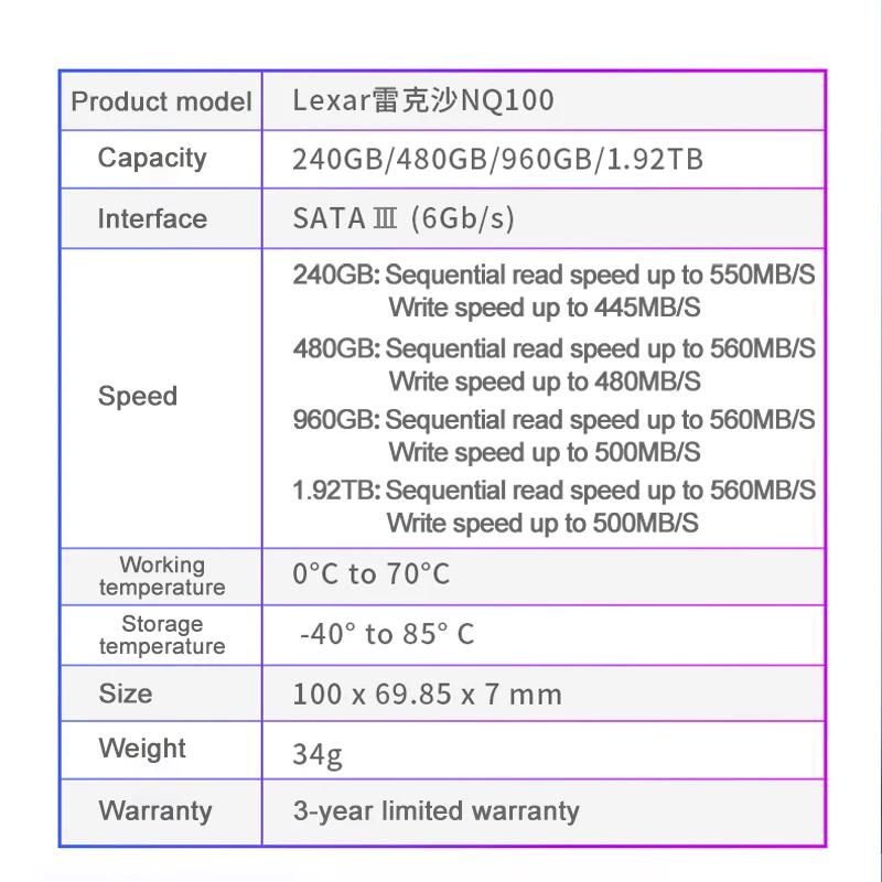 Жесткий диск Lexar NQ100 SSD для ноутбука 240 ГБ 480 SATA III Внутренние жесткие диски Professional 3D
