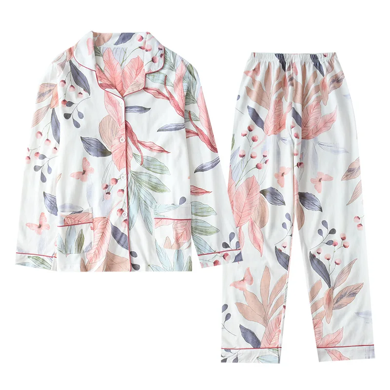 Women100% Cotton Spring Pajama Sets Nice Long Sleeve Turn-down Collar Pajamas Soft Leaves Printing Sleepwear Summer Homewear