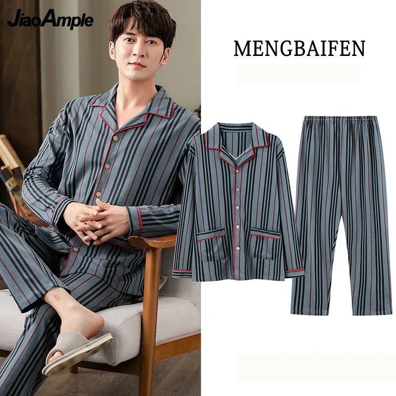 

Men's Pajamas Autumn 2021 New Pure Cotton Striped Long-sleeved Trousers Pyjamas Two-piece Plus Size Lapel Nightie Home Clothes