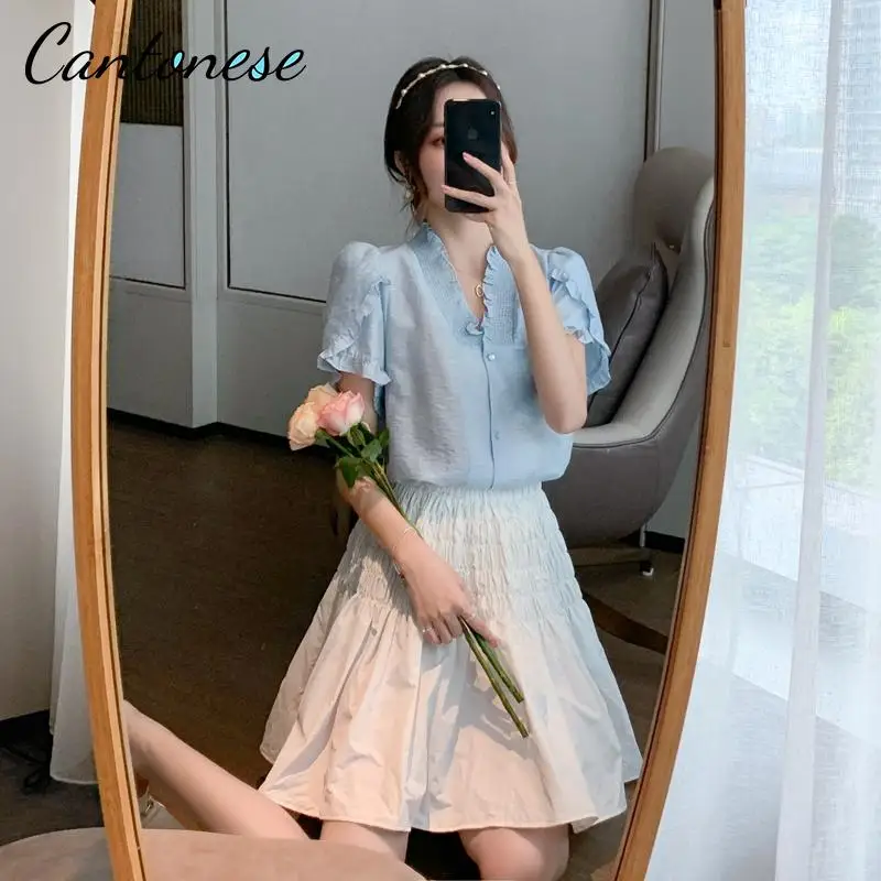 

Peter Pan Collar Doll Neck Summer Sweet Short Shirt Chiffon Shirt Ruffle Short Sleeve Shirt