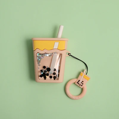 Золотой Милый зыбучий песок пузырьковый чай для Airpods чехол мягкий силиконовый беспроводной Bluetooth наушники Защитная крышка с палец кольцо ремень - Цвет: Золотой